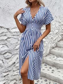 Chiquease Women's Striped Batwing Sleeve Tied Waist Vacation Casual Dress, Slimming - Blue and White - View 5