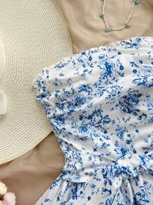 Soleia Vestido de verano estilo vacaciones con volantes de doble capa, lazo extra grande a la cintura, con estampado floral diminuto azul y blanco, adecuado para boda, playa, festival de música, estilo boho chic - Azul y blanco - Ver 5
