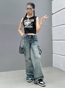 SHEIN 青少年女孩汽車和標語圖案背心上衣 - 黑色 - 查看 8