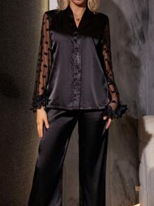 SilkySpell Women's 3D Lace Heart Shape Mesh Contrast Silk Imitation Long Sleeve Top & Pants Pajama Set, Fall Winter Clothes - Black - View 5