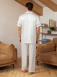 男士撞色短袖上衣和裤子缎面睡衣套装/睡衣套装白色套装