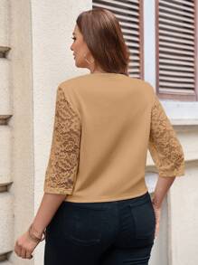 SHEIN Clasi Plus Size Xuân/Hè Áo khoác ren chắp vá màu trơn thường ngày - Lạc đà - Xem 2