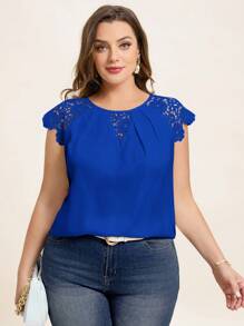 SHEIN Clasi Plus Size Solid Color Round Neck Lace Spliced Women's Summer Shirt