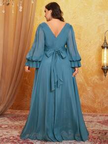 加大码前后 V 领灯笼袖纯色连衣裙，配腰部褶皱，雪丝雪纺，大摆裙，伴娘服 - 霧霾藍 - 查看 2
