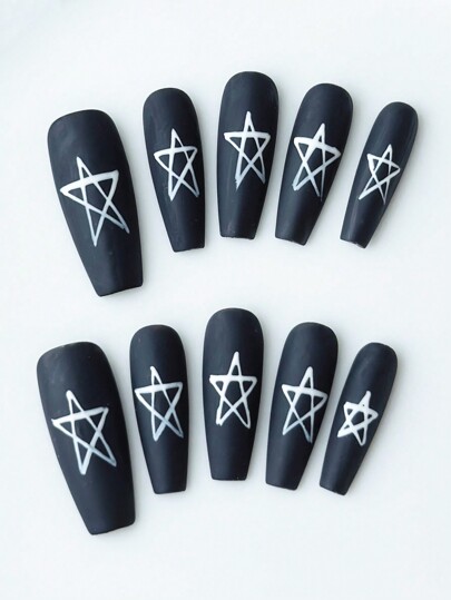 Goth 10 pezzi di unghie finte di alta qualità con motivo a stelle dallo stile scuro + 3 adesivi biadesivi, unghie in stile gotico Y2K, avvolgimenti per unghie opachi staccabili, adatti per festival, feste, balli e uso quotidiano, Ognissanti