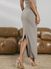 Hauture 女士纯色镂空后开衩罗纹针织半身裙 - 灰色 - 查看 2