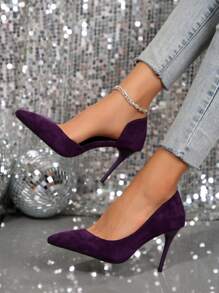 麂皮高跟鞋女性性感尖頭V切深紫色綆豎跟鞋 - 紫色 - 查看 1