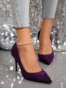 麂皮高跟鞋女性性感尖頭V切深紫色綆豎跟鞋 - 紫色 - 查看 3