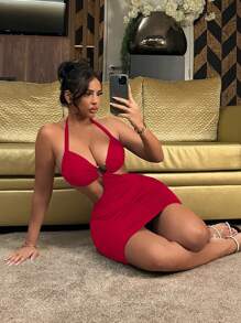 SHEIN SXY Váy ngắn dây hở lưng gợi cảm dành cho nữ, mùa hè - Màu Đỏ Sâu - Xem 4