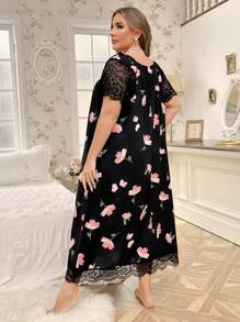 CottageSlumber Plus Size Square Neck Lace Patchwork Long Summer Pajama Night Dress With Bubble Floral Print, Moo Moo - Black - View 2