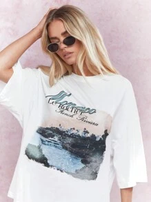 MISSGUIDED Street Summer Monaco Front Print Oversized Drop Shoulder T-Shirt - White - View 3