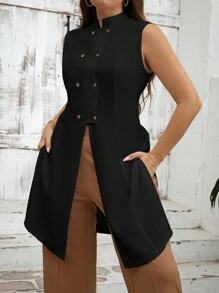 SHEIN Clasi Plus Size Double-Breasted Long Sleeveless Shirt - Black - View 2