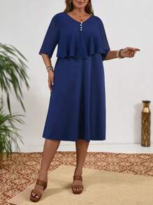 EMERY ROSE Plus Button Front V Neck Solid Overlay Dress For Summer - Navy Blue - View 4