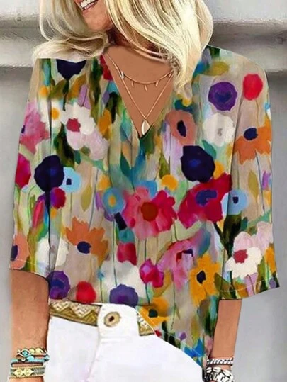 Camisa informal de mujer con estampado de flores (estampado no posicionado), blusa de manga tres cuartos