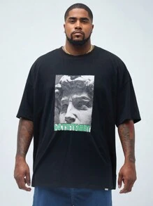 Manfinity VCAY Men's Plus Size Casual David Sculpture Printed Loose Fit Drop Shoulder Round Neck Short Sleeve T-Shirt, Suitable For Summer Daily Wear