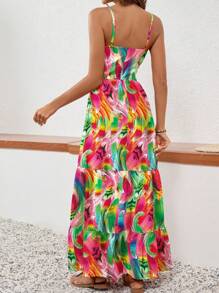Breezaya Women Summer Vacation Style Brush Printed Waist Hollow Out Long Fashionable Cami Dress