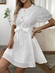 Chiquease Women's Summer Holiday Embroidery Hollow Out Fabric White Bubble Short Sleeve Loose Waist Belted Dress With Tie Neckline