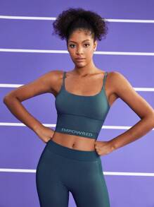 Easithlete Women's Minimalist Sports Bra With Spaghetti Strap And Back Cut-Out, Letter Printed