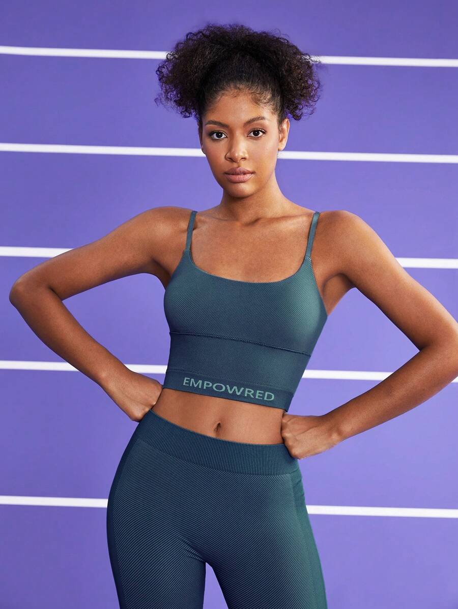 Easithlete Women's Minimalist Sports Bra With Spaghetti Strap And Back Cut-Out, Letter Printed