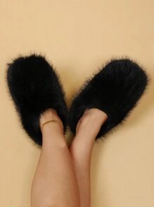 秋冬女士春季保暖内衬室内家居拖鞋静音保暖大码蓬松时尚半包拖鞋户外穿着 - 黑色 - 查看 4