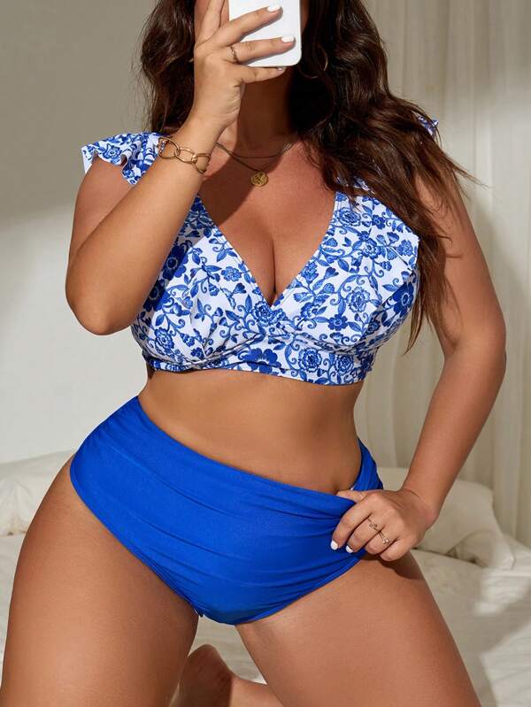 Swim Lushoire Plus Size Summer Beach Allover Print Ruffle Hem Top & Solid Triangle Bottom Bikini Set
