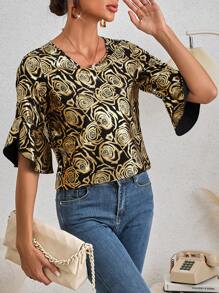 SHEIN Clasi Round Neck Asymmetrical Short Sleeve Loose Shirt With Puff Sleeves And Gold Printing - Gold - View 3