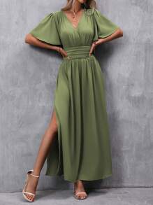 SHEIN Clasi Women's Summer Solid Color V-Neck Ruffled Short Sleeve Dress With Side Slit Maxi Women Outfit - Olive Green - View 7