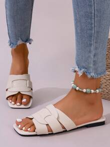 Dép đế bằng phong cách Hàn Quốc dành cho nữ, Dép hở mũi ngoài trời mùa hè, Dép kiểu La Mã dệt mới mùa thu, Giày nữ phong cách Pháp thời trang kết hợp với váy, Lý tưởng để đi biển, ven biển và khu nghỉ dưỡng, Giày đế bằng mũi trơn đơn giản sang trọng và phóng khoáng để đi ra ngoài vào mùa hè - Màu be - Xem 4