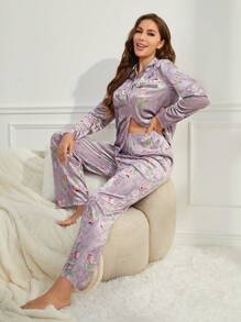 SHEIN Conjunto de pijama casual de 2 piezas de manga larga con estampado floral, compuesto por cardigan y pantalones, para mujer y de juego a juego mamá e hija (se venden por separado 2 conjuntos)
