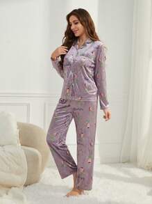 SHEIN Conjunto de pijama casual de 2 piezas de manga larga con estampado floral, compuesto por cardigan y pantalones, para mujer y de juego a juego mamá e hija (se venden por separado 2 conjuntos)
