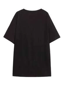 SHEIN Unity Camiseta feminina de verão com estampa de lábios, modelagem solta e casual, gola redonda e ombros caídos. - Preto - Ver 2