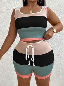 Inoviana Conjunto casual de chaleco de ajuste estrecho con mangas sin mangas de talla grande para mujer, de verano y largo, de color-bloqueo, con pantalones cortos con cintura atada - Multicolor - Ver 4