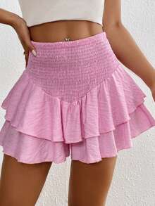 Chiquease Women's Solid Color Simple Daily Wear Ruffle Trim Shorts - Pink - View 6