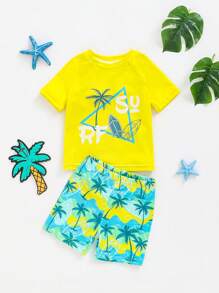 SHEIN Leap Crew 2pcs Tween Boy Graphic Tight Fit Casual Short Sleeve T-Shirt And Shorts Swimsuit Set - Yellow - View 1
