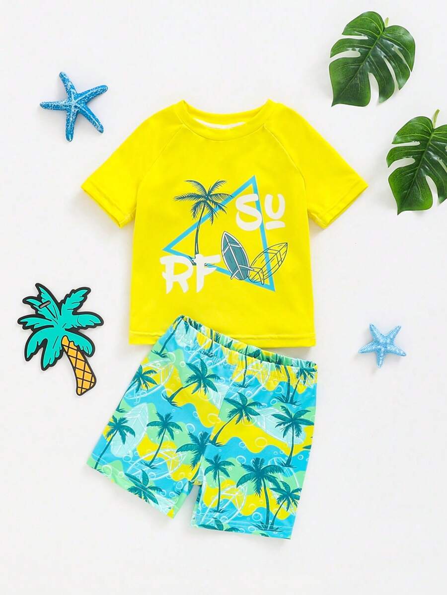 SHEIN Leap Crew 2pcs Tween Boy Graphic Tight Fit Casual Short Sleeve T-Shirt And Shorts Swimsuit Set - Yellow - View 1