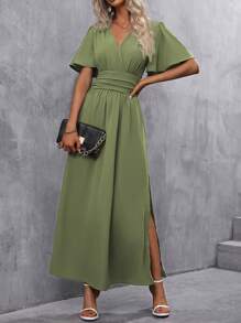 SHEIN Clasi Women's Summer Solid Color V-Neck Ruffled Short Sleeve Dress With Side Slit Maxi Women Outfit - Olive Green - View 3