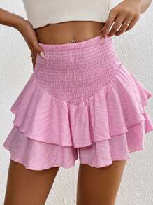 Chiquease Women's Solid Color Simple Daily Wear Ruffle Trim Shorts - Pink - View 3