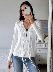 SHEIN LUNE 編織螺旋紮結前開針織外套 - 白色 - 查看 6