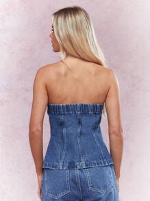 MISSGUIDED 街头纽扣式抹胸牛仔上衣 - 中等水洗藍 - 查看 2