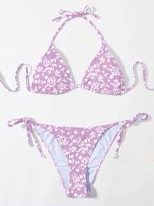 SHEIN Swim 女士夏季海灘零零縫花卉露背性感比基尼套裝，隨機印花 - 彩色 - 查看 3