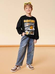 Gudetama X SHEIN Bluza Tween Boy o luźnym kroju i nadruku z okrągłym dekoltem i długim rękawem, czarna