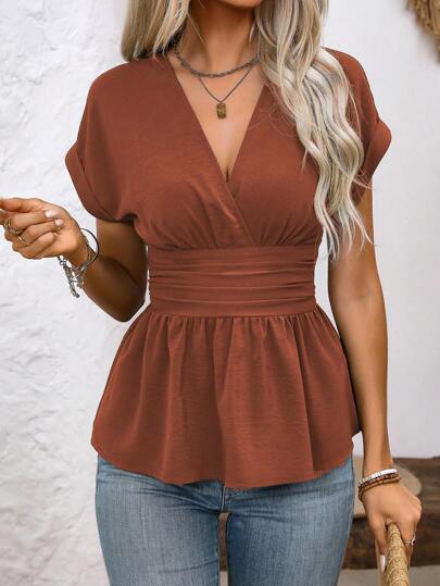 LanaWest Women's Solid Color V-Neck Simple Daily Short Sleeve Shirt Peplum Top