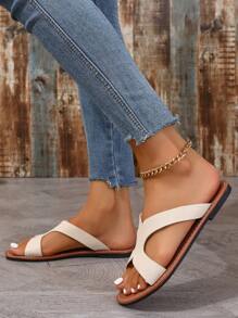 Korean Style Casual Flat Slippers For Women, Summer Open Toe Low-Heel Sandals, New Arrivals Spring Summer Fashionable Woven Roman Style Women's Sandals For Outdoor Beach And Holiday, Flat White Shoes Perfectly Matched With Skirts; Flat Women's Shoes In Beige, Black, Orange, White, Yellow, Purple, Gray, Gold, Silver, Blue, Green, Rose Pink, Brown, French Leopard Print Suitable For Formal Occasions, Vacation, Bohemian Style, Sandals In Navy Blue Colors, Walking Shoes Adorned With Rhinestones - Beige - View 3