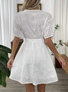 Chiquease Women's Summer Holiday Embroidery Hollow Out Fabric White Bubble Short Sleeve Loose Waist Belted Dress With Tie Neckline