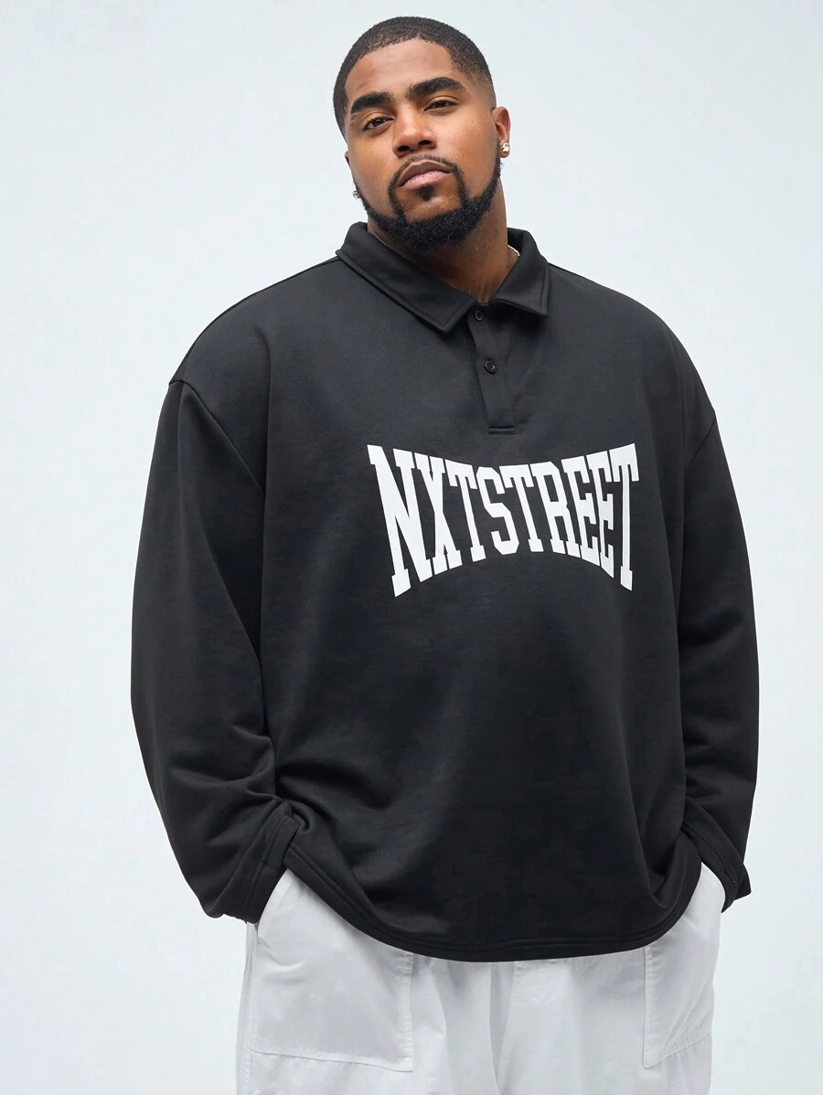 GENTILAND Men's Plus Size Casual Knit Loose Shoulder Logo Printed Long Sleeve Polo Shirt, Suitable For Spring And Autumn Seasons - Black - View 1