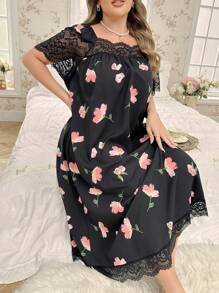 CottageSlumber Plus Size Square Neck Lace Patchwork Long Summer Pajama Night Dress With Bubble Floral Print, Moo Moo - Black - View 4
