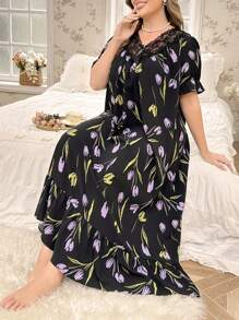 CottageSlumber 大码清新梦幻郁金香泡泡面料长款睡衣裙，Moo Moo - 黑色 - 查看 5