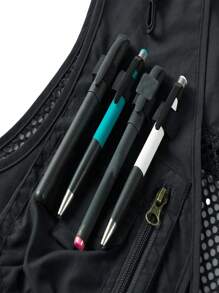 Manfinity Homme Mesh Detachable Multi-Pocket Vest Cargo Jacket, Going Out Techwear Cargo Streetwear, Fall - Black - View 5