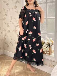 CottageSlumber Plus Size Square Neck Lace Patchwork Long Summer Pajama Night Dress With Bubble Floral Print, Moo Moo - Black - View 6