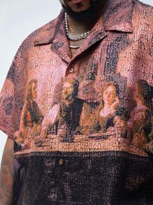 Manfinity VCAY Manfinity NXTstreet Men's Plus Size 2pcs Painting Figure Loose Drop-Shoulder Short Sleeve Top And Mid-Waist Straight Shorts Suit, Suitable For Summer